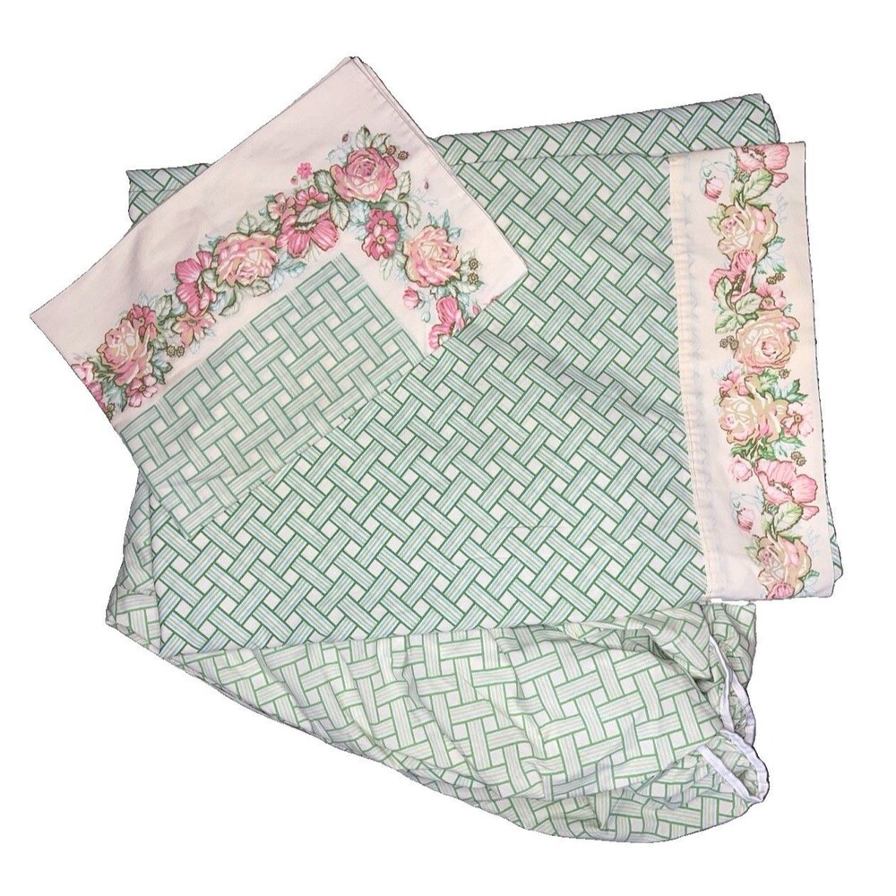 Vtg 70s Fieldcrest Twin Sheet Set Floral Lattice Spring Fitted Flat Pillowcase